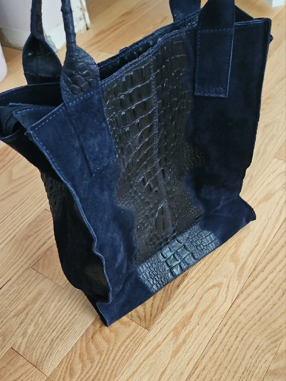 Navy Suede Tote with Black Croc Embossed Center